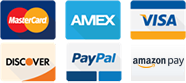 Mastercard, American Express, Visa, Discover, PayPal, and Amazon Pay Logos